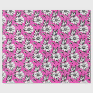 Papel De Regalo Diseño rosa del patrón de flor de mariposa