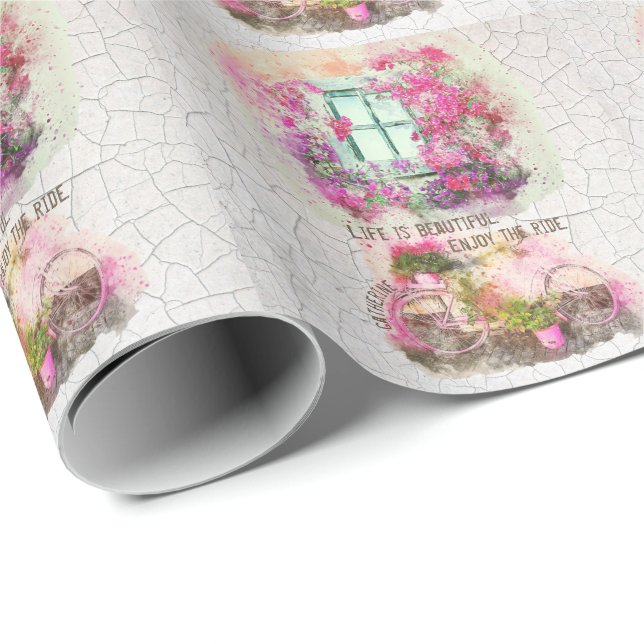 Papel De Regalo Disfruta Del Paseo | Bicicleta acuarela con flores (Esquina del rollo)