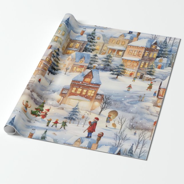 Papel De Regalo Diversión de Winter Snow Village (Desenrollado)