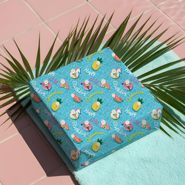 Papel De Regalo Diversión piscina de verano personalizada flota fi (Fun Personalized Summer Pool Floats Birthday Party Wrapping Paper)
