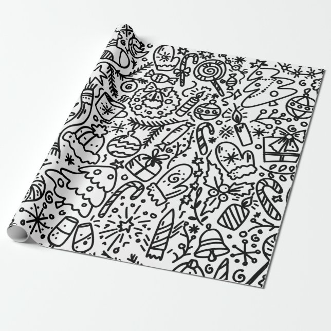 PAPEL DE REGALO DIVERSOS NAVIDADES NEGROS Y BLANCOS DOODLE WRAPPIN (Desenrollado)
