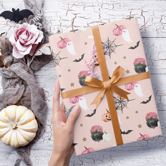 Papel De Regalo Divertida Halloween Red de Araña de Calabaza Rosa  (Fun Halloween Pink & Orange Pumpkin Spider Web Wrapping Paper)