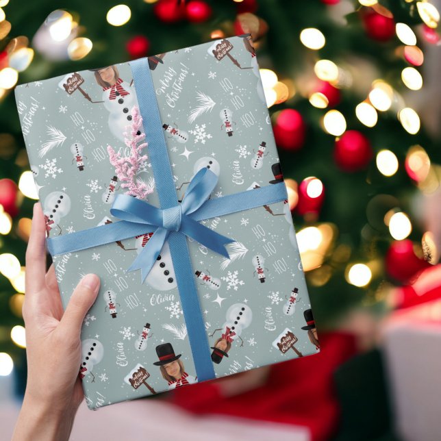 Papel De Regalo Divertido alegre ilustracion de Navidad foto hombr (Fun merry Christmas illustration photo snowman Wrapping Paper on ice blue)