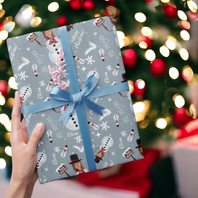Papel De Regalo Divertido alegre ilustracion de Navidad foto hombr (Fun merry Christmas illustration photo snowman Wrapping Paper on blue)