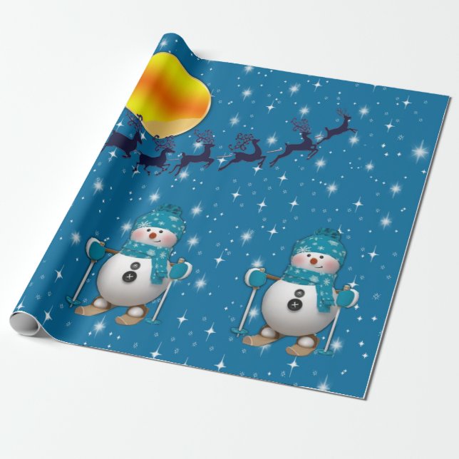 Papel De Regalo Divertido feliz esquiando Snowman (Desenrollado)