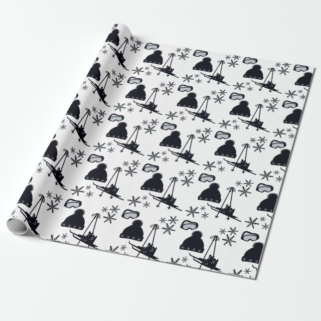 Papel De Regalo Divertido, mínimo, diseños de esquí sobre fondo bl (Desenrollado)