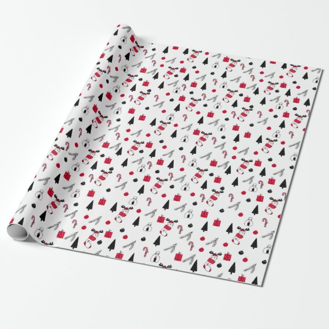 Papel De Regalo Divertido patrón navideño de rojo, negro y blanco (Desenrollado)