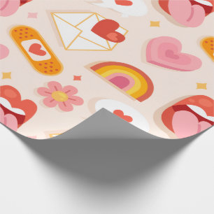 Papel De Regalo Divertido Patrón Retro de Amor con Corazones