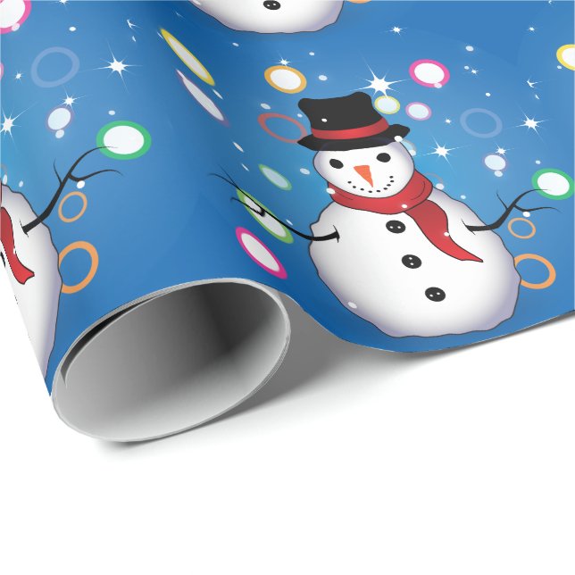 Papel De Regalo Divertido Snowman sonriendo Feliz Navidad en AZUL (Esquina del rollo)