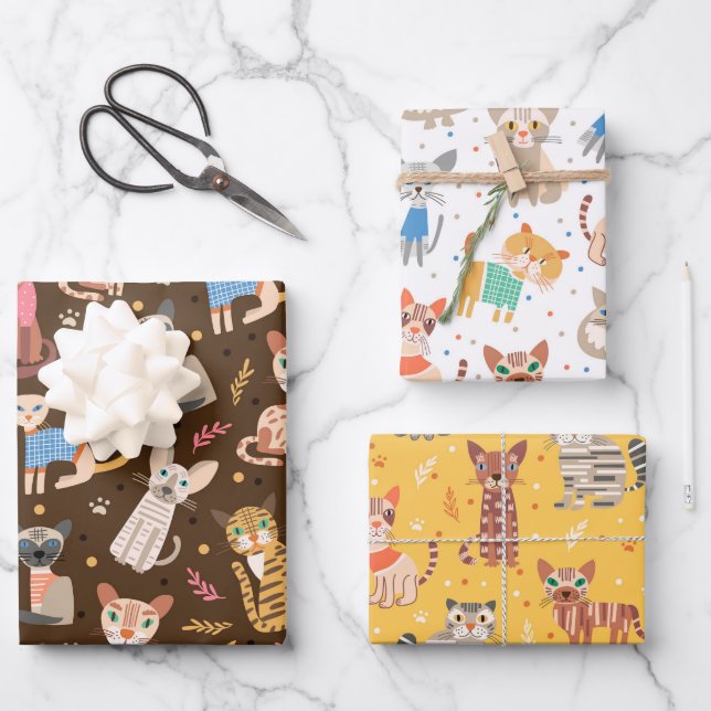 Papel de regalo divertidos gatos lindos Set de 3 (Anverso)