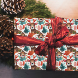 Papel De Regalo Diviértete Reno Rojo Blanco Verde Navidad Acuarela