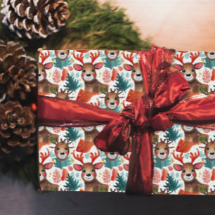 Papel De Regalo Diviértete Reno Rojo Blanco Verde Navidad Acuarela