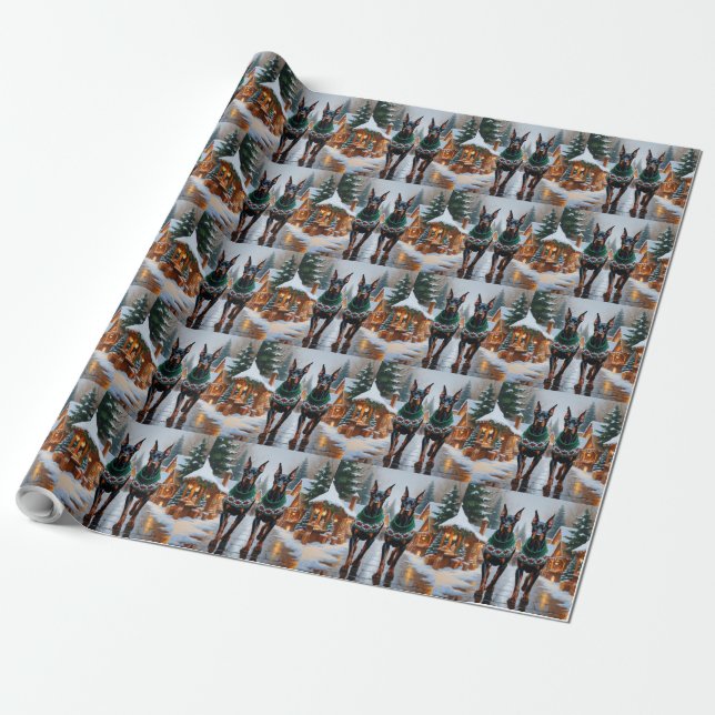 Papel De Regalo Doberman Dogs Christmas Snow Holiday  (Desenrollado)