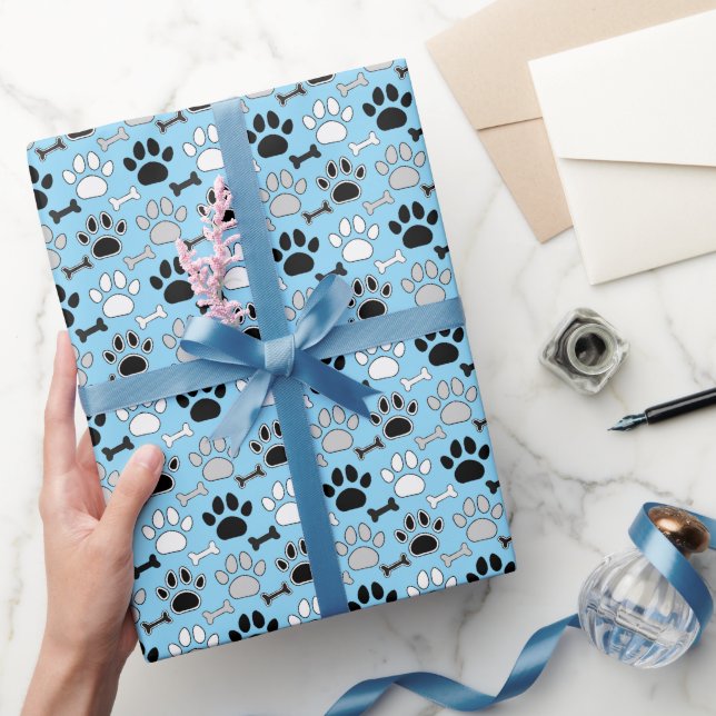 Papel De Regalo Dog Paw Prints and Bones Pattern Blue (Regalar)