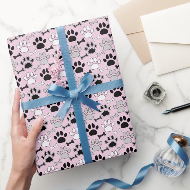 Papel De Regalo Dog Paw Prints and Bones Pattern Pink (Regalar)