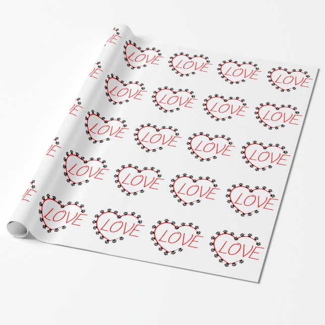 Papel De Regalo Dog Paws Red Heart Love (Desenrollado)