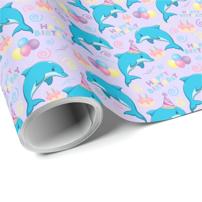 Papel De Regalo Dolphin Birthday Gift Wrapping Paper in Purple (Esquina del rollo)