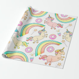 Papel De Regalo Donas glaseadas rosadas, unicornios, varitas mágic
