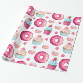 Papel De Regalo Donas rosadas lindas y pastelitos sobre blanco