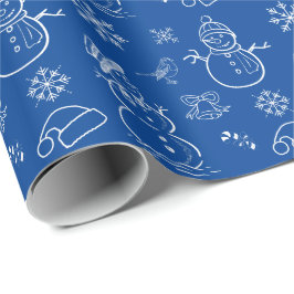 Papel De Regalo Doodle a Snowman divertido azul y blanco