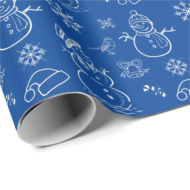 Papel De Regalo Doodle a Snowman divertido azul y blanco (Esquina del rollo)