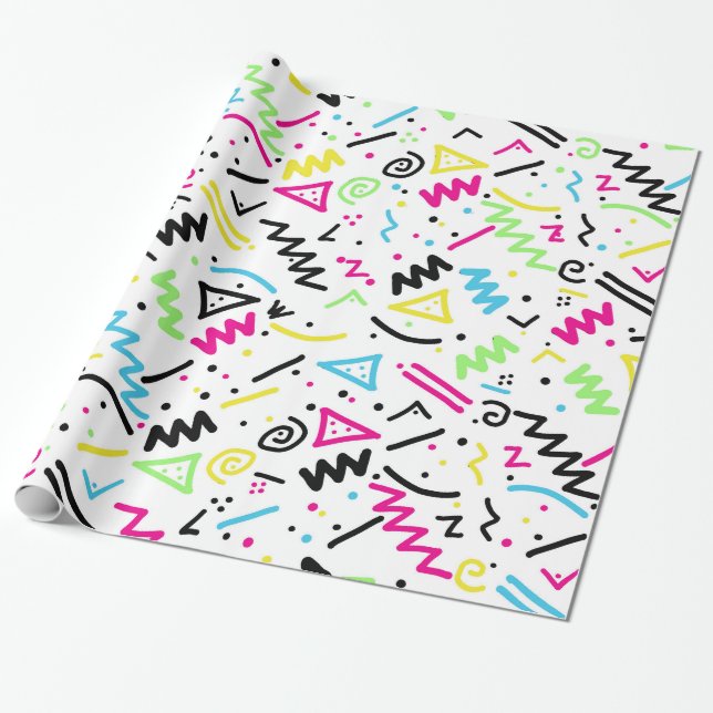 Papel De Regalo Doodle amarillo azulverde rosado de neón de los (Desenrollado)