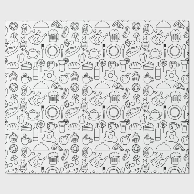 Papel De Regalo Doodle de comida en blanco y negro (Costura)