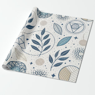 Papel De Regalo Doodle geométrico botánico azul