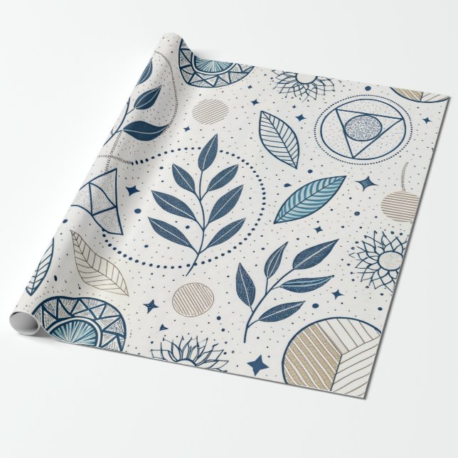 Papel De Regalo Doodle geométrico botánico azul (Desenrollado)
