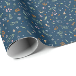 Papel De Regalo Doodle Navideño Retro en Azul Índigo Profundo
