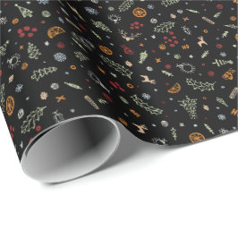 Papel De Regalo Doodle Navideños Retro sobre Negro Puro
