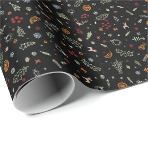Papel De Regalo Doodle Navideños Retro sobre Negro Puro