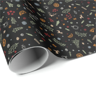 Papel De Regalo Doodle Navideños Retro sobre Negro Puro