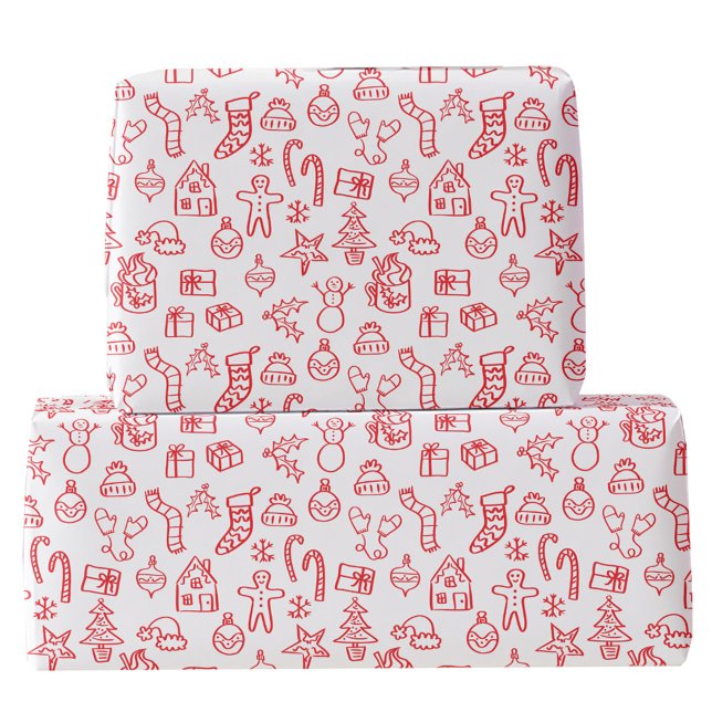 Papel De Regalo Doodle rojo y blanco esgrimido de vacaciones (Fun Christmas holiday scribble doodle illustration red and white gift wrapping paper)