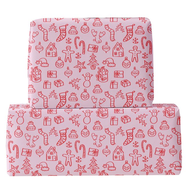 Papel De Regalo Doodle rojo y rosado esgrimido de vacaciones (Fun Christmas holiday scribble doodle illustration pink and red gift wrapping paper)