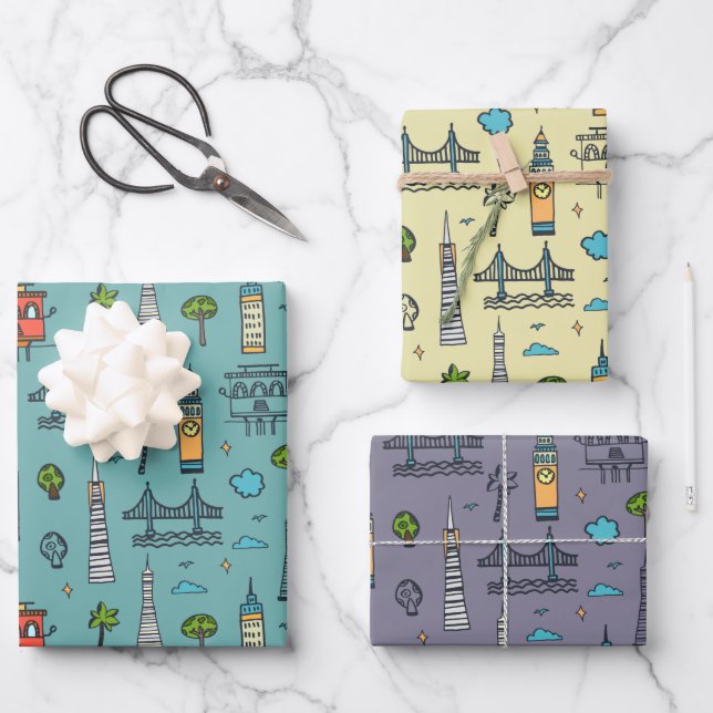 Papel de regalo Doodle San Francisco Set de 3 (Anverso)