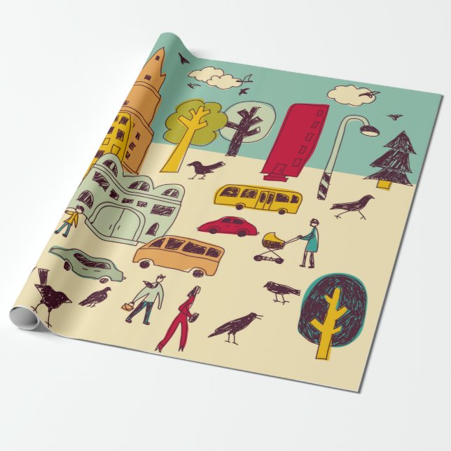 Papel De Regalo Doodles parque urbano paisaje camina ciudad li (Desenrollado)