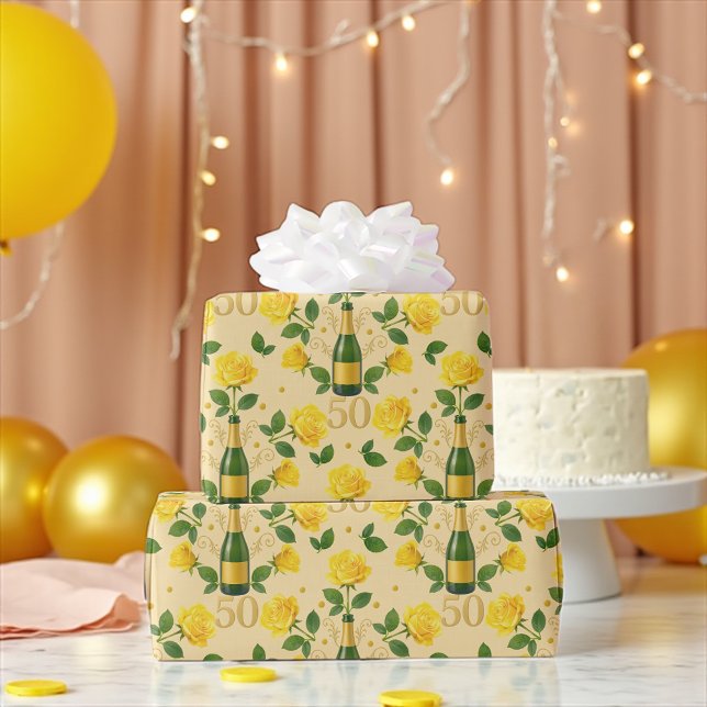 Papel De Regalo Dorado 50° Aniversario Rosas Amarillas envueltas (Golden 50th anniversary gift wrap with yellow roses and champagne bottle pattern)