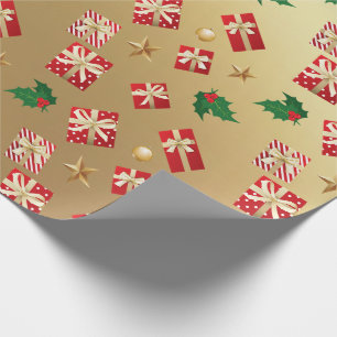 Papel de regalo dorado con regalos de navidad