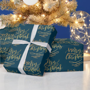Papel De Regalo Dorado Feliz Navidad Script Calligraphy Blue