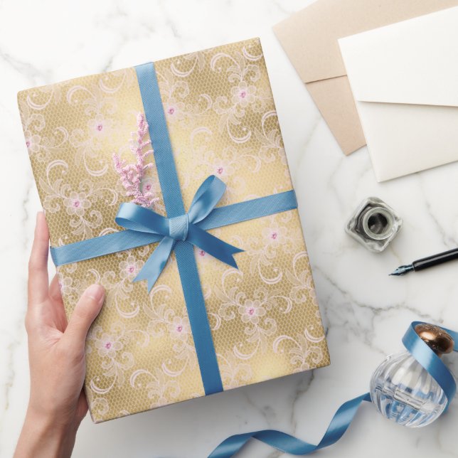 Papel De Regalo Dorado Glam Bonito Floral Rosa Lace Brillante Duch (Regalar)