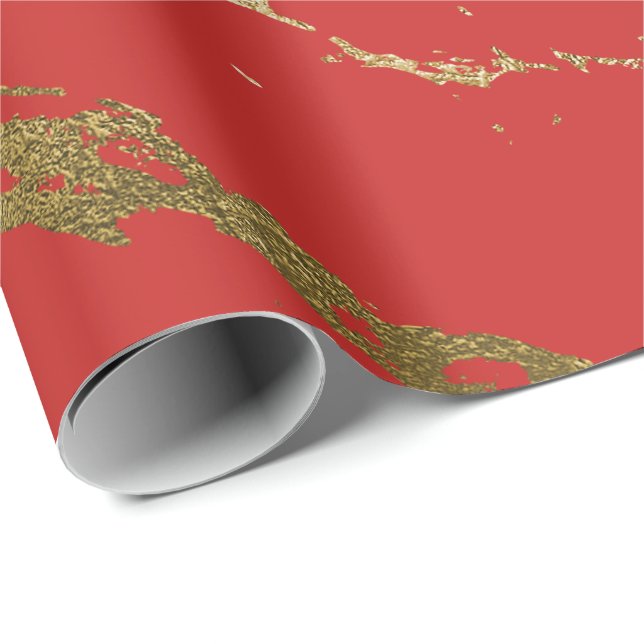 Papel De Regalo Dorado Marble Glam brillante rojo brillante vivo (Esquina del rollo)