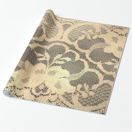 Papel De Regalo Dorado Metálico Sepia Faux Lujo Floral Lace Negro