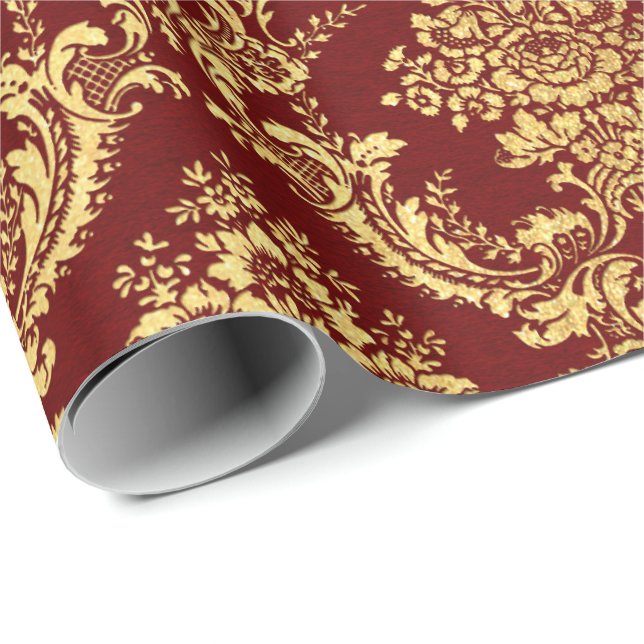 Papel De Regalo Dorado Royal Damask Floral Maroon Borgoña Red Lux (Esquina del rollo)