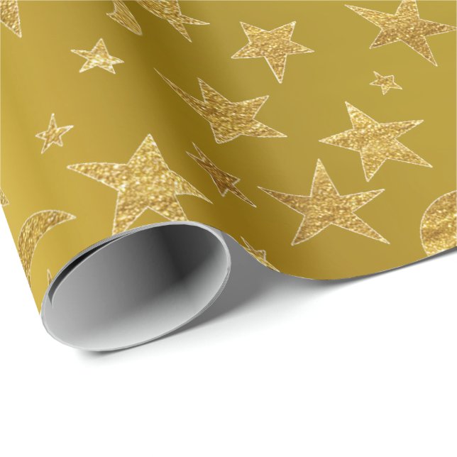 Papel De Regalo Dorado Stars Moon Sky Metallard Moustard Amarillo (Esquina del rollo)