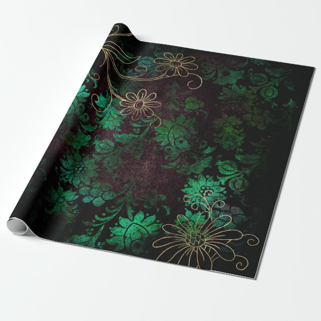 Papel De Regalo Dorado y floral verde (Desenrollado)