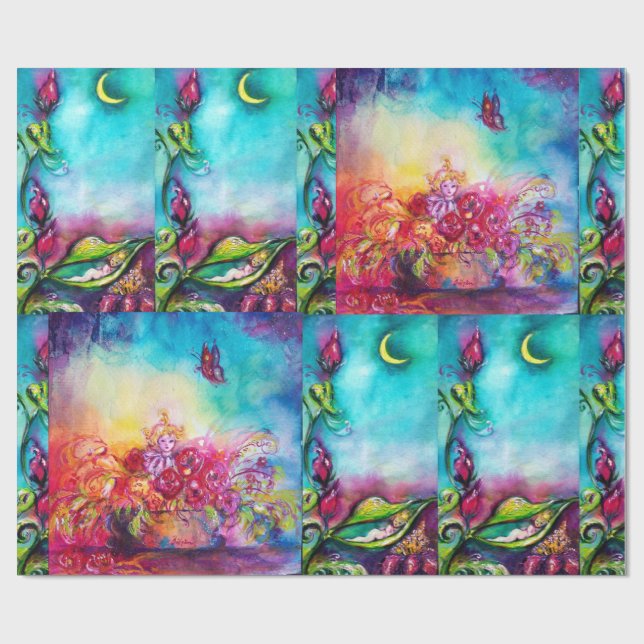 PAPEL DE REGALO DORMIR DE THUMBELINA ENTRE HOJAS ROSAS (Superficie plana)