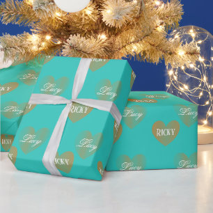 Papel De Regalo Dos corazones dorados personalizados, turquesa