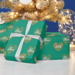 Papel De Regalo Dos corazones dorados personalizados, verde esmera