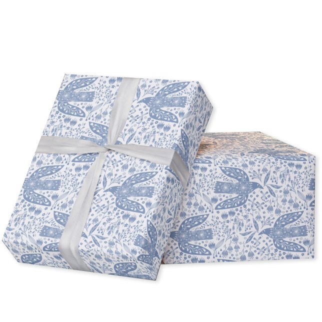 Papel De Regalo Dove Bird Blue (Peace dove blue and white bird  folk art gift wrapping paper roll)